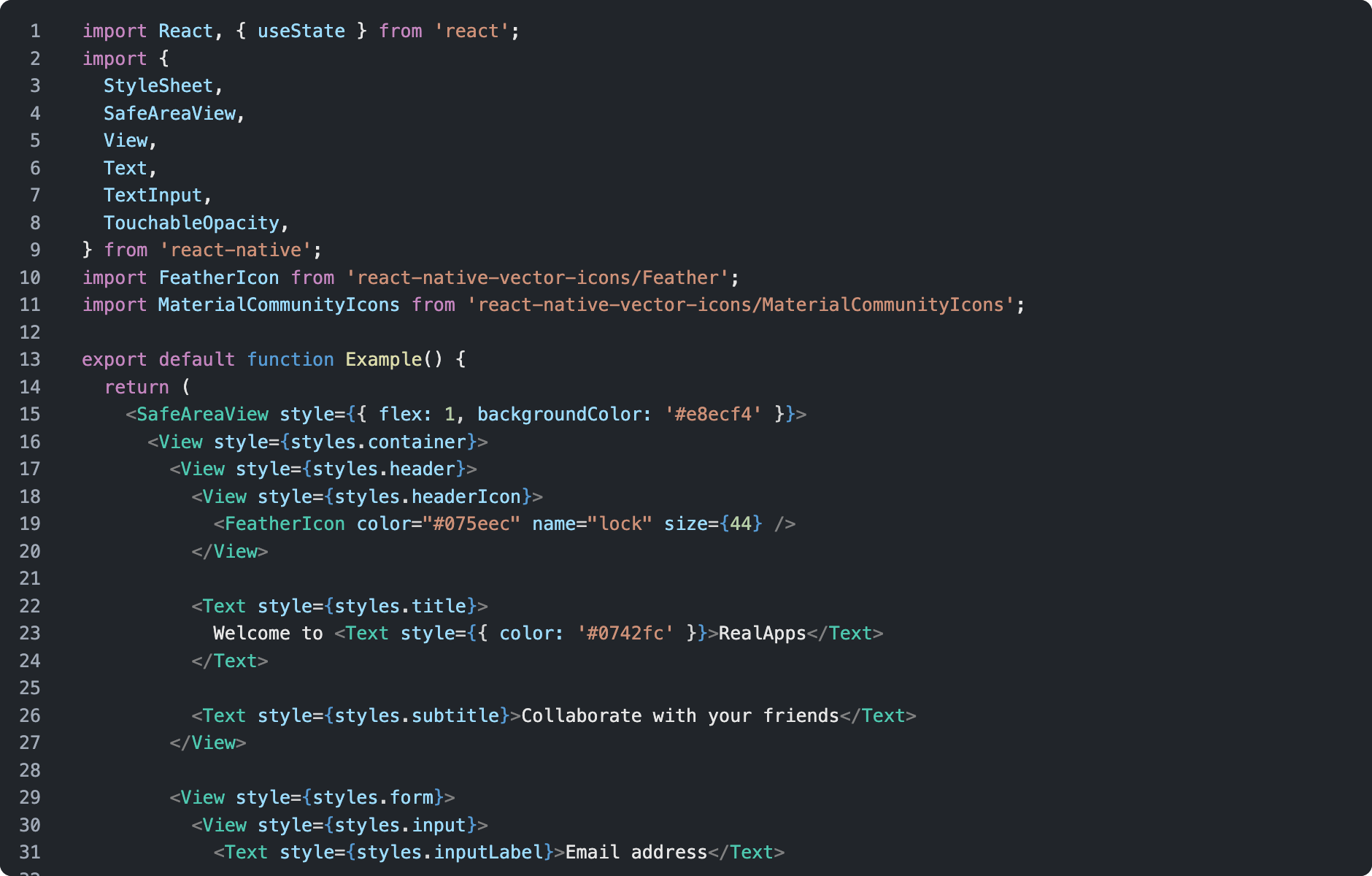 React Native sign in component code preview