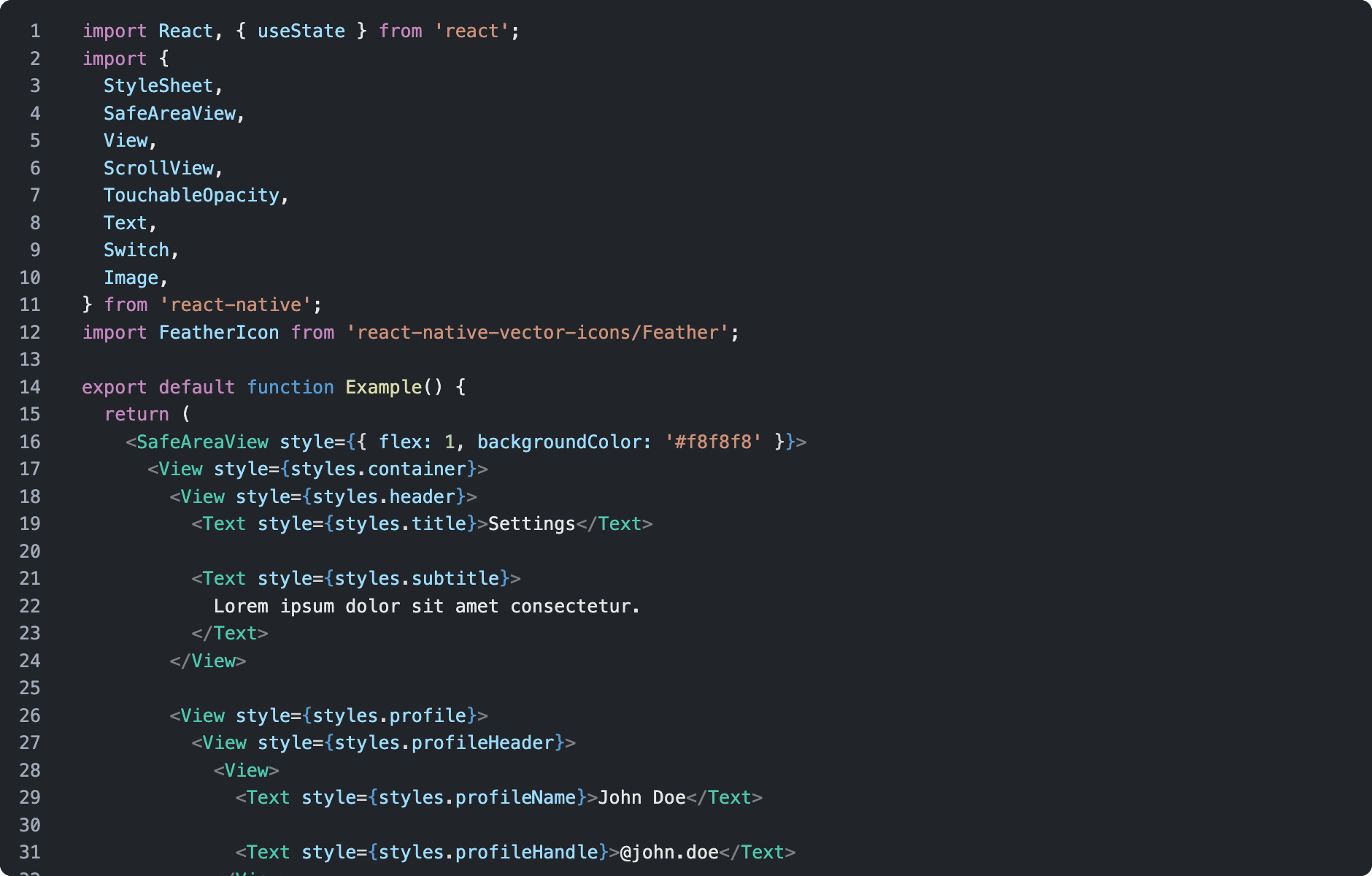 React Native settings component code preview