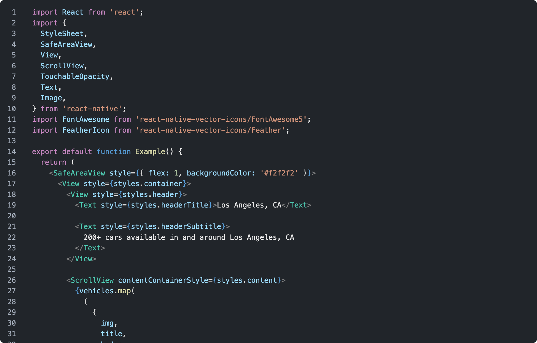 React Native card list component code preview